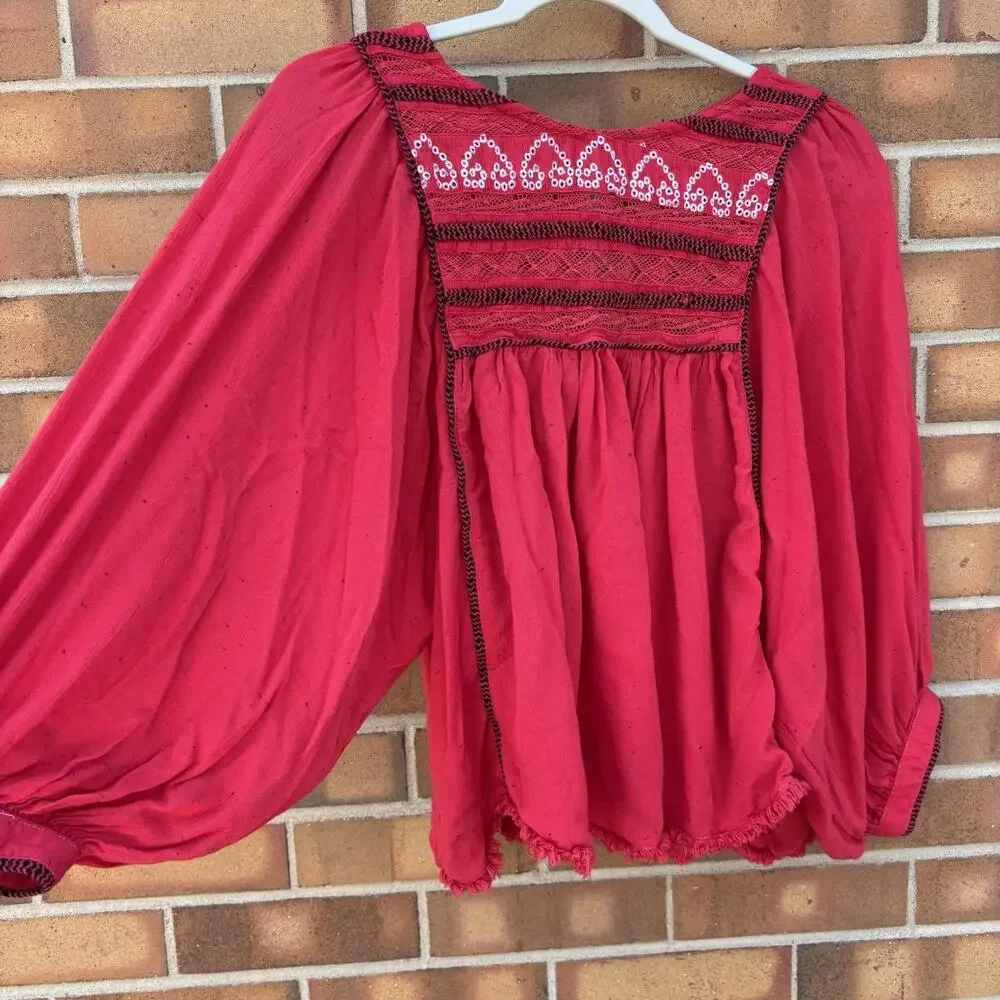 Free People Cyprus Avenue Embroidery Red Boho Long Sleeve Top Sz Large